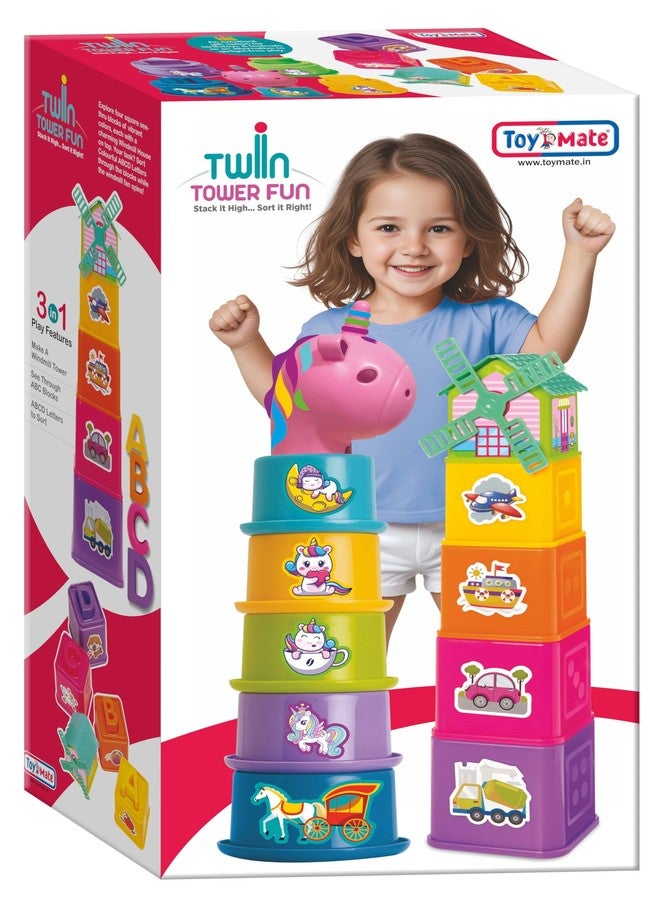 toymate Twin Tower Fun Educational Stacking Blocks and Cup Set, Unicorn Theme, Multi-Colour Building Blocks with Windmill Tower - Image 1